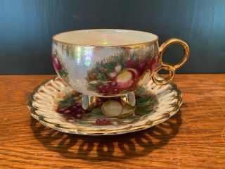 Vintage Tea Cup & Saucer Royal Sealy China Iridescent Gold Fruits 3 Foot Japan