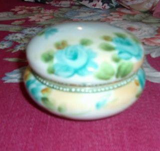 Antique Vintage Hand Painted Floral Porcelain Trinket Box Blue Roses Circa 1910