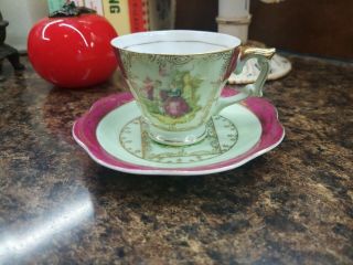 Dainty Vintage Tea Cup Saucer Hand Painted Victorian Courting Couple Japan