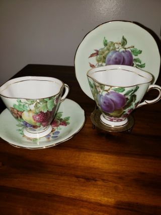 Clarence China Cups And Saucers Hand Painted Fruit Set Of 2