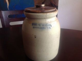 Antique Geo.  E.  Wales Newton Center Massachusetts Stoneware Tobacco Jar