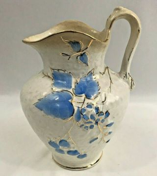 The Wheeling Pottery Company Vintage Pitcher,  Blue Floral With Gold Accents