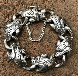 Vtg Heavy Carved Sterling Silver Foo Dog Dragon Chinese Link Biker Bracelet