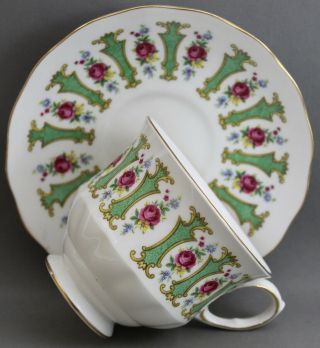 Queen Anne Teacup & Saucer - Pink Roses/green Panels M 143