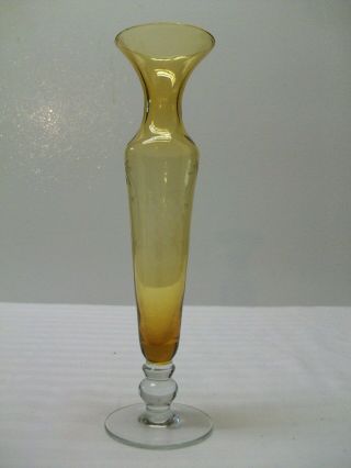 Vintage Amber Glass Bud Vase Etched Berry & Vine With Clear Glass Bottom