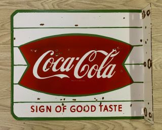 Vintage Coca - Cola Fishtail 18”x15” Double Sided Flange Porcelain Enamel Sign.
