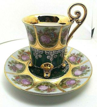 Antique German Ackermann & Fritze Green & Gold Porcelain Demitasse Cup & Saucer
