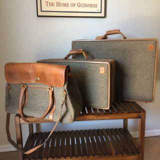 3 Piece Vintage Hartmann Tweed Leather Luggage Suitcases Overnight Props Decor