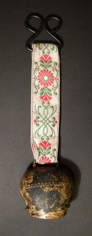 Vintage Alpine Cowbell On Folk Art Embroidered Ribbon Strap