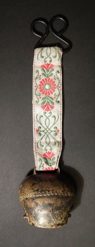 Vintage Alpine Cowbell on Folk Art Embroidered Ribbon Strap 2