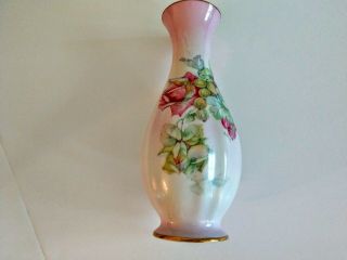 Porcelain Ceramic 10 Inch Vase Pink Roses Gold Trim Antique Romantic Germany