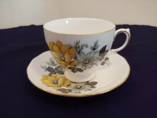 Queen Anne Teacup & Saucer English Bone China Yellow & Blue Gray Floral 8520