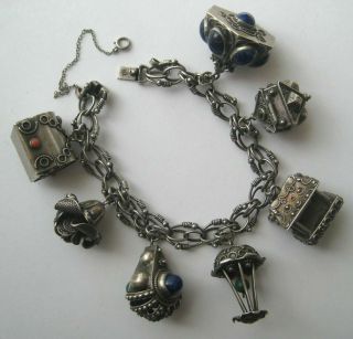 Vintage 800 Silver Chunky Jeweled Etruscan Revival Fob Charm Bracelet 2 Open