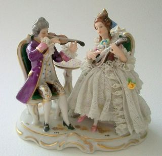 Vintage Dresden Porcelain Lace Figurine Musicians Couple Some Damage