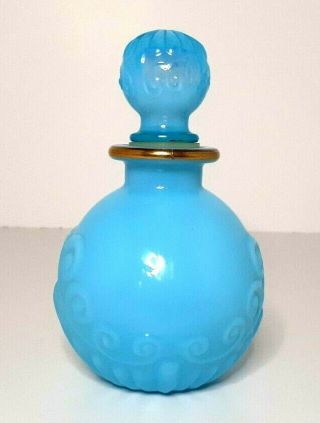 Vtg.  Avon Milk Glass Bristol Blue Decanter Imperial Garden Textured Gold Rim 5 "