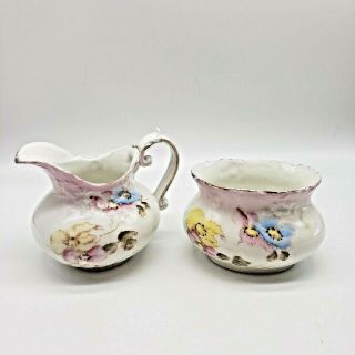 Antique Hand Painted Porcelain Floral Sugar Bowl And Creamer Set