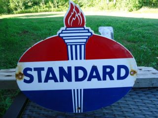 Old Vintage 1950s Oval Standard Motor Oil & Gasoline Porcelain Gas Station Sign