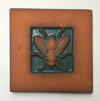 1974 Mercer Moravian Pottery & Tile Red Ware Art Tile Fly Bug Insect 4x4