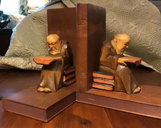 Vintage Hand Wood Carved Bookends Monks Reading On Stacked Books Folk Art