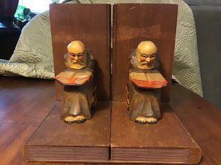 Vintage Hand Wood Carved BOOKENDS Monks Reading on Stacked Books Folk Art 2