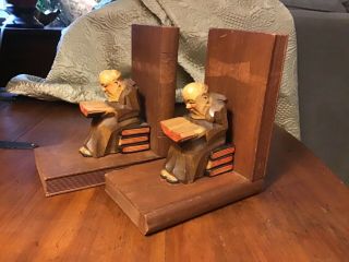 Vintage Hand Wood Carved BOOKENDS Monks Reading on Stacked Books Folk Art 3