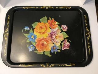 Vintage Black Metal Tole Hand Painted Large Tray Shabby Cottage Floral Roses