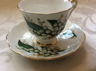 Antique Bone China Tea Cup Saucer Gold Trim White And Green Floral Made England