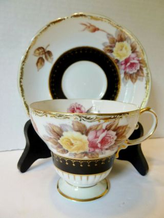 Shafford Japan Hand Painted Footed Tea Cup And Saucer Black & Gold Trim,  Roses