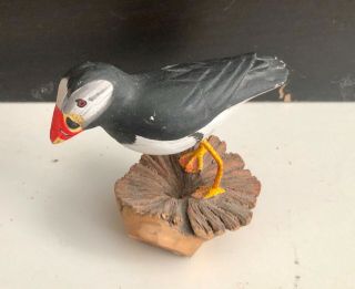 Hand Carved - Painted Puffin Bird Wood Folk Art Collectible