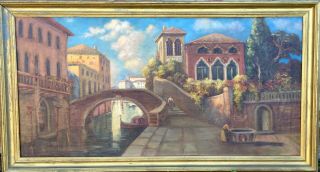 Large Vintage Framed Oil Painting - Venice Italy Canal Scene