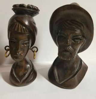 Vintage Dark Wood Hand Carved Wooden Busts Man & Woman Heads
