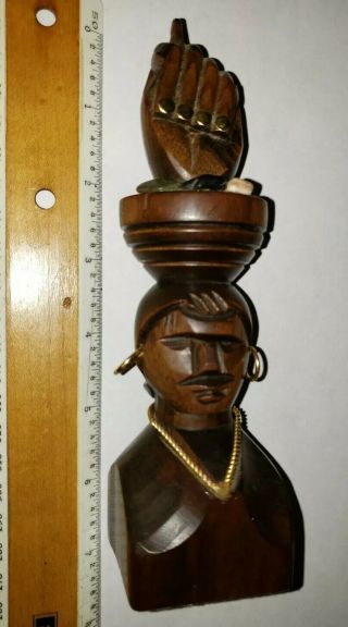 Vintage Hand Carved Wood Figa Fist Good Luck Charm Statue With Gem Stones