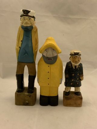 Vintage Set Of 3 Folk Art Carved Wooden Captain Nautical Marine Fisher Men