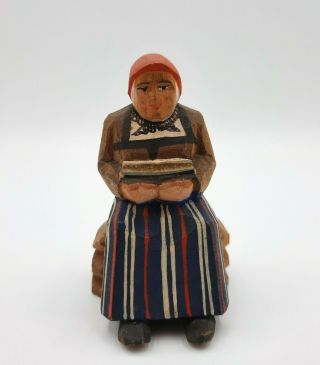 Vintage Hand Carved Wooden Figurine Woman Sitting With A Book