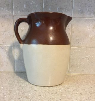 Stoneware Crock Ceramic Pitcher Tan & Brown 8 " Tall Made In The U.  S.  A.  1/2 Gal