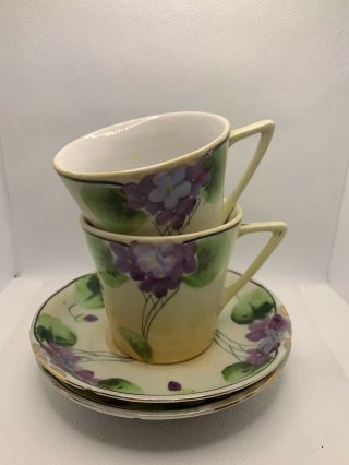 Antique Vtg Hand Painted Nippon China Tea Cup Saucer - Purple Violets - Set Of 2