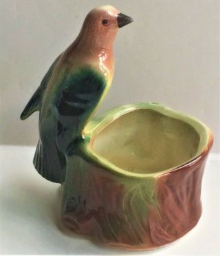 Vintage Ceramic Pottery Bird On A Tree Stump Planter 5 1/2”