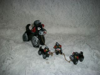 Vintage Poodle With 3 Puppies On Chain Figurines Made From Red Clay