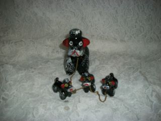 VINTAGE POODLE WITH 3 PUPPIES ON CHAIN FIGURINES MADE FROM RED CLAY 2