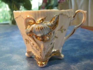 Antique 4 Footed Victorian Mustache Cup Ornate Iridescent Blue & Gold Floral