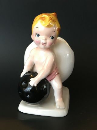 Vintage Baby Bowling Ball Porcelain Miniature Figurine Planter Pencil Cup