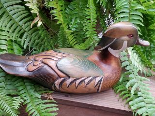 Vintage 14x7 Tom Taber Signed Carved Drake Wood Duck Decoy No Medallion
