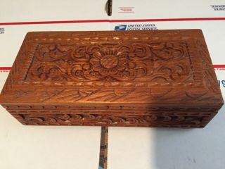 Vintage Ornate Carved Wood Sewing Trinket Jewelry Keepsake Box 10 " X 5 " Estate