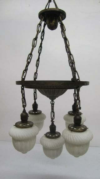 Antique Vtg Brass Pan Style Ceiling Light Chandelier 5 Bulb & Glass Shades