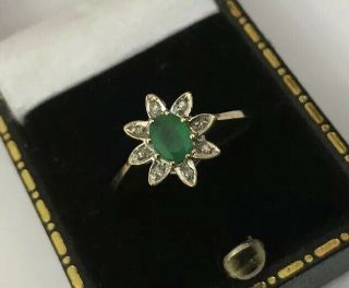 Vintage Hallmarked 9ct 9k Gold Oval Emerald Diamond Star Cluster Ring Size O