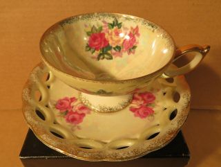 Crown Iridescent Hand Painted Red & Yellow Roses Footed Teacup & Saucer