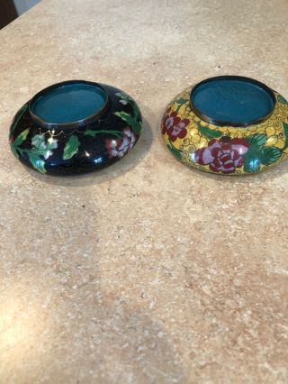 2 Vintage Chinese Cloisonne Small Enamel And Brass Floral Dishes