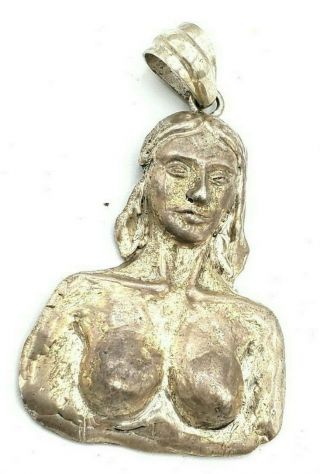 Vtg 1950s Modernist Nude Lady Bust Sterling Silver Handmade Pendant For Necklace