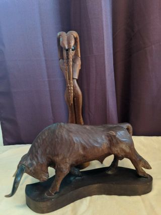 Vintage Wood Sculpture/carving - Matador And Bull - Is Signed By J.  Pinal