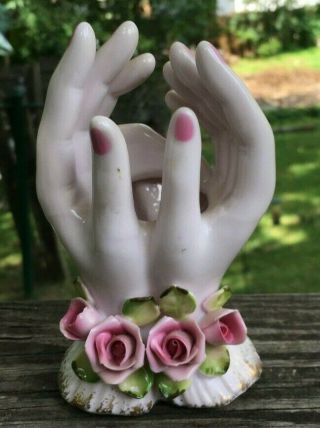 Vintage Lefton China Floral Ceramic Hands Statue Bud Vase Hand Painted Japan
